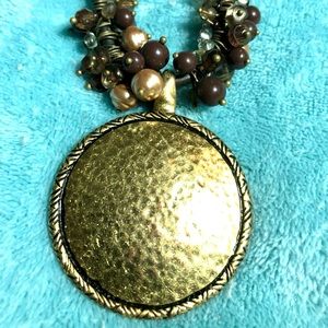 Premier Designs Carmel Latte Gold Tone Medallion Pendant Necklace with beads